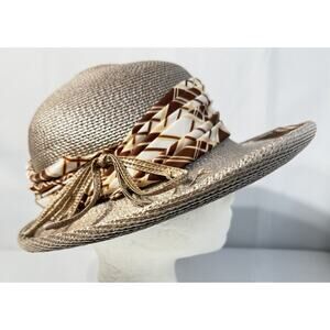Sandra New York Wide Brim Straw Beige Sun Hat Womens Medium 22.5"Ribbon Sun Beac